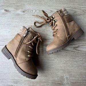 Sugar Girls Knit-Cuff Faux Suede Toddler Combat Boots | Tan | Size 6